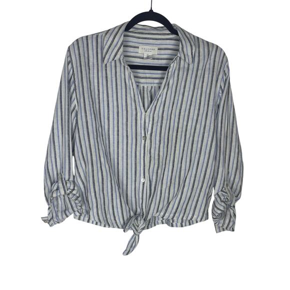 Calypso St. Barth Tops - Calypso St Barth Striped Linen Blend Button Front Tie Hem Top Blouse Small